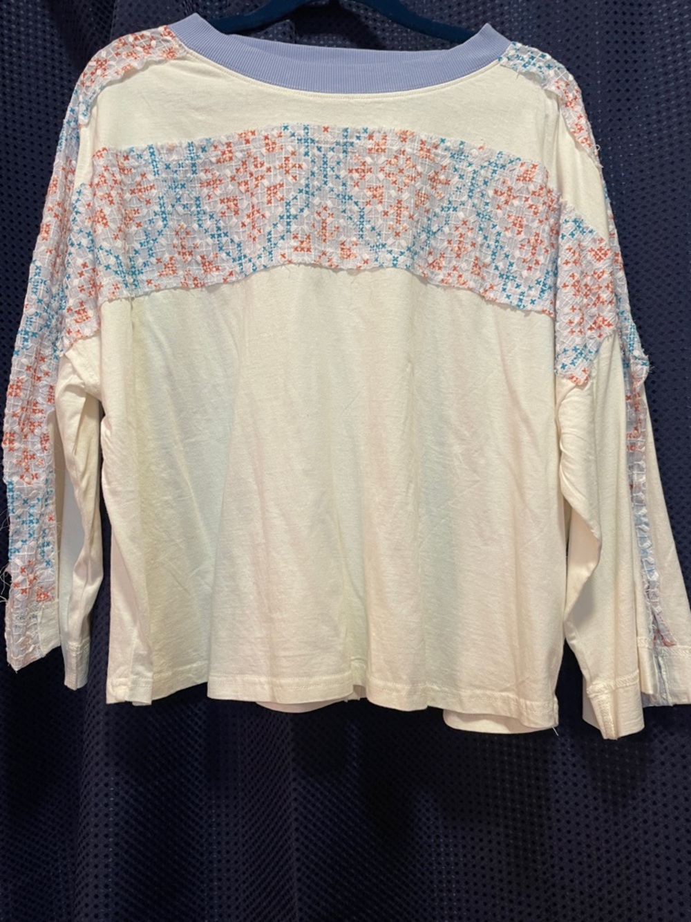 Women's Long Sleeve Embroidered Yoke Tee in Cream with Blue & Coral Detail
